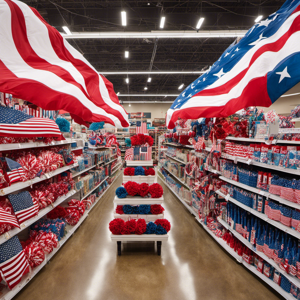 An image showcasing a vibrant aisle at Hobby Lobby, filled with an array of 4th of July decor