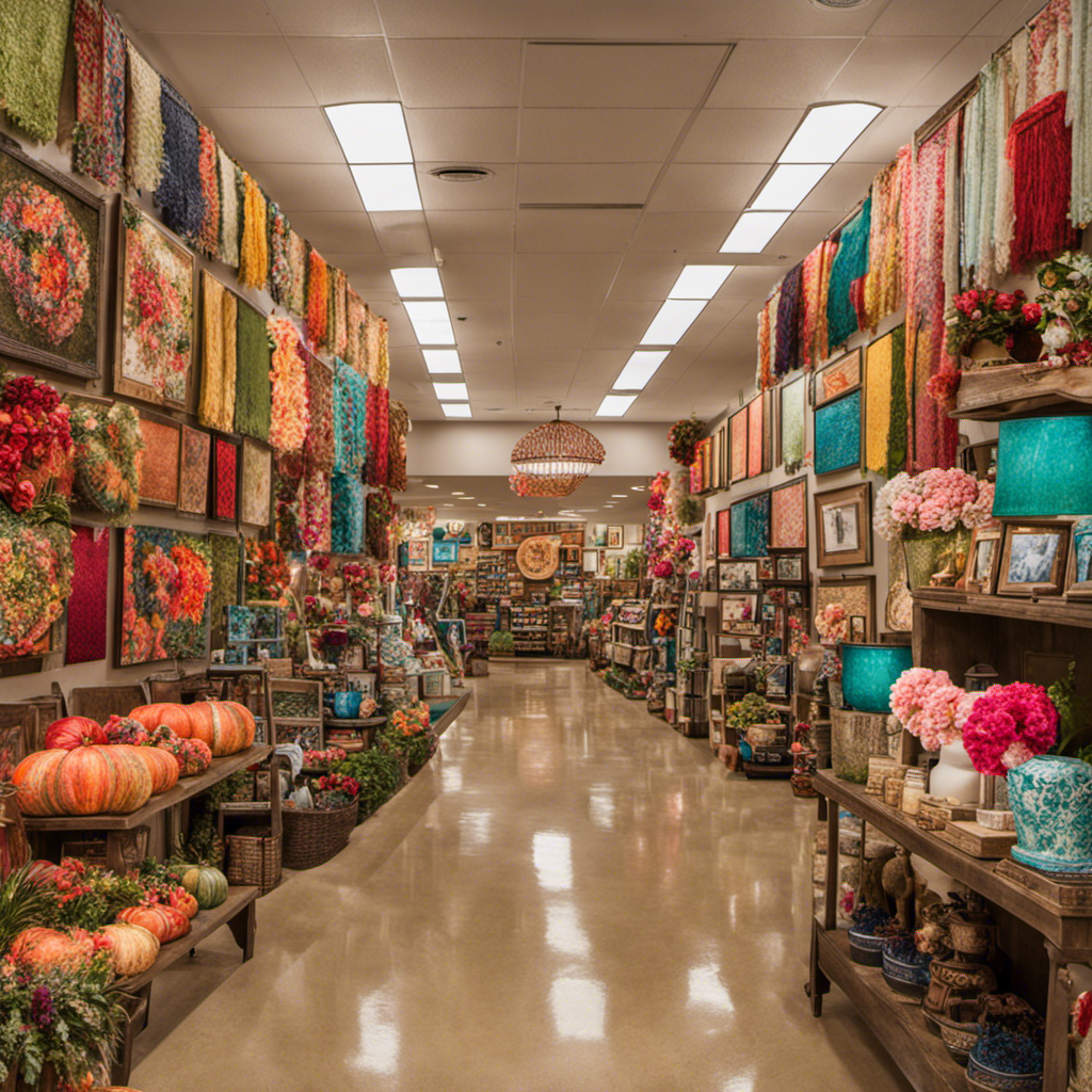 An image showcasing a vibrant Hobby Lobby store aisle adorned with an array of discounted wall decor, ranging from stunning canvas paintings to intricate tapestries, enticing customers with irresistible sale prices