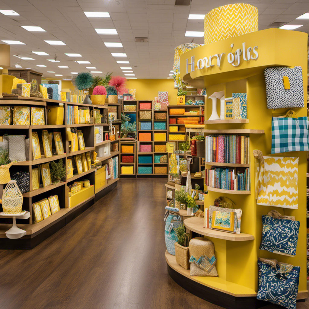 An image featuring a vibrant Hobby Lobby store aisle, filled with an array of diverse wall decor items, each adorned with bright yellow price tags indicating substantial discounts, enticing customers to explore their sale offerings