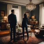  an image of a couple in a dimly lit living room, standing on opposite sides, surrounded by mismatched furniture