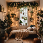  an image that showcases an inviting room adorned with ethereal fairy lights cascading from the ceiling, dreamy tapestries adorning the walls, and shelves adorned with whimsical succulents, vintage trinkets, and vibrant Polaroid snapshots