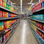 An image showcasing a vibrant hardware store aisle, adorned with rows of neatly stacked cans of Americana Decor Maxx Gloss Paint in various shades