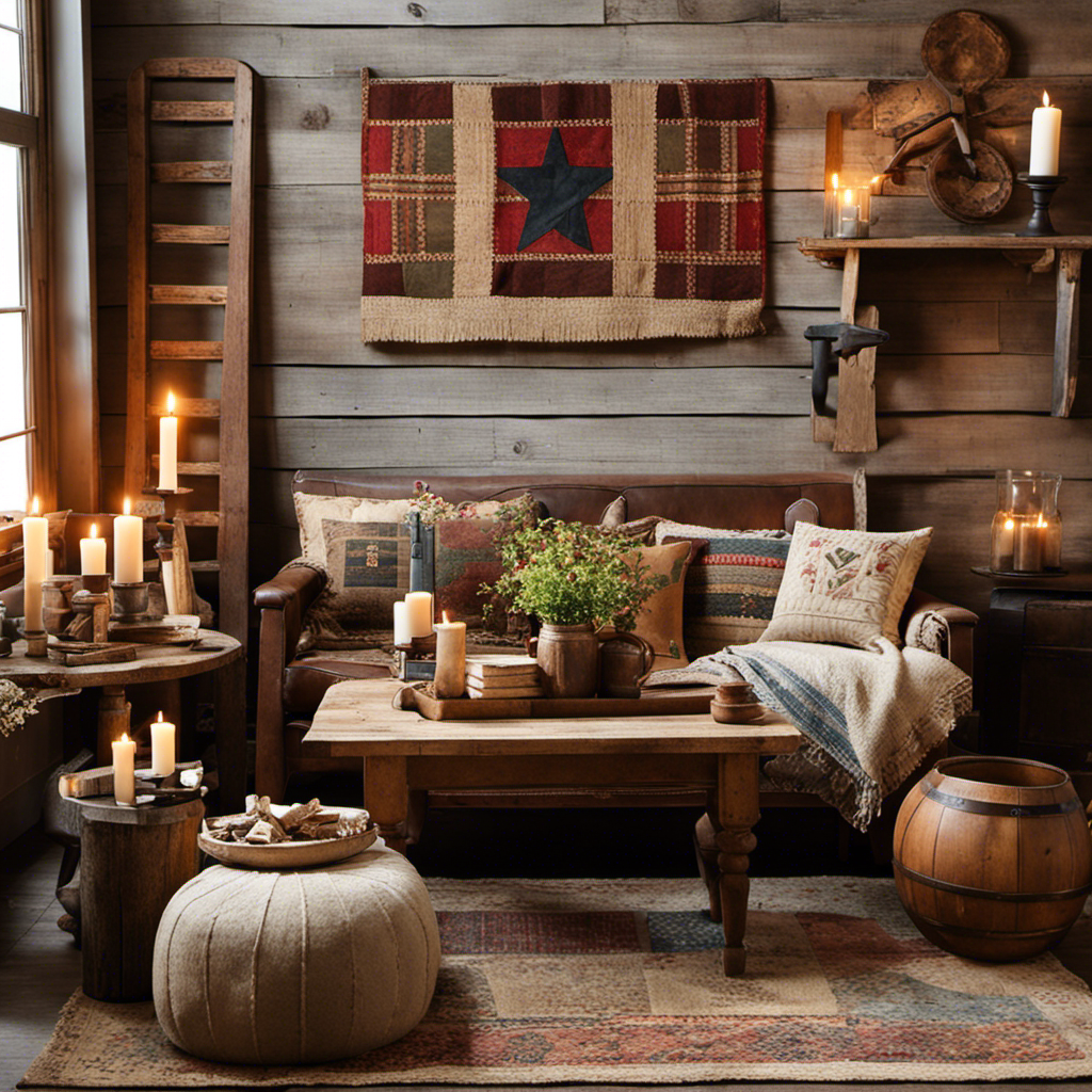 An image showcasing a cozy living room adorned with primitive decor, featuring a handcrafted wooden coffee table adorned with antique candleholders, a vintage patchwork quilt draped over a rustic armchair, and a wall display of weathered farmhouse signs and wooden utensils