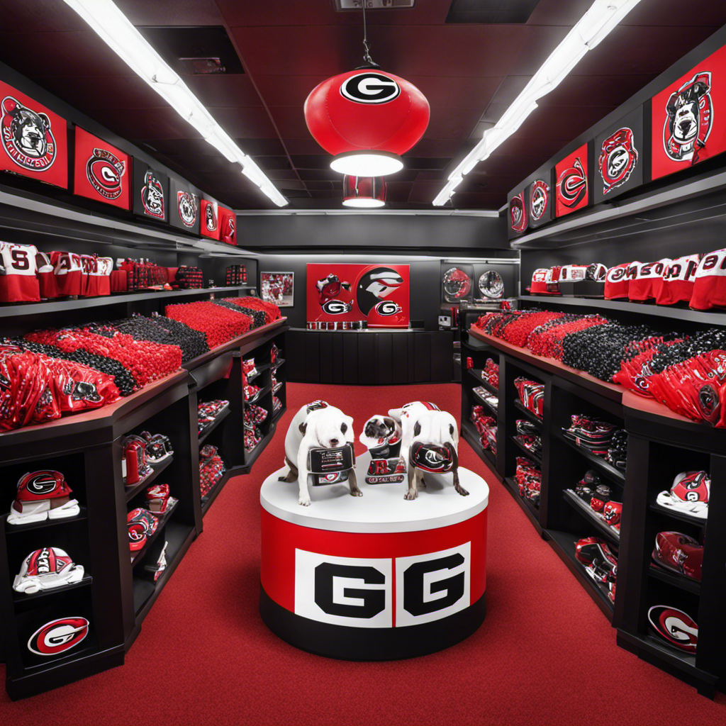 An image showcasing a vibrant store filled with Georgia Bulldogs-themed decor, proudly displaying the team's iconic red and black colors