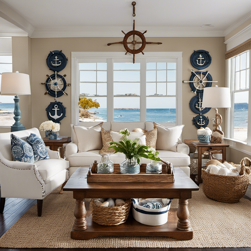 An image showcasing a cozy coastal living room adorned with ship wheel wall art, sailor's knot throw pillows, seashell-filled glass jars, and a large vintage anchor as the centerpiece