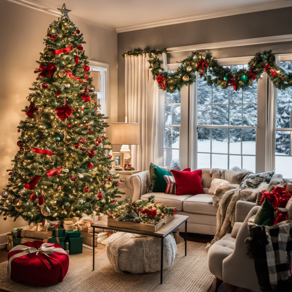 An image showcasing a cozy living room adorned with vibrant garlands, twinkling lights, and a beautifully decorated Christmas tree, surrounded by shelves filled with free DIY ornaments, wreaths, and stockings - the ultimate treasure trove for free Christmas decor