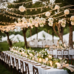 An image featuring a whimsical outdoor wedding setting, complete with elegantly draped white fabric, rustic wooden tables adorned with delicate floral centerpieces, and a variety of stylish and unique rental decor options showcased in the background
