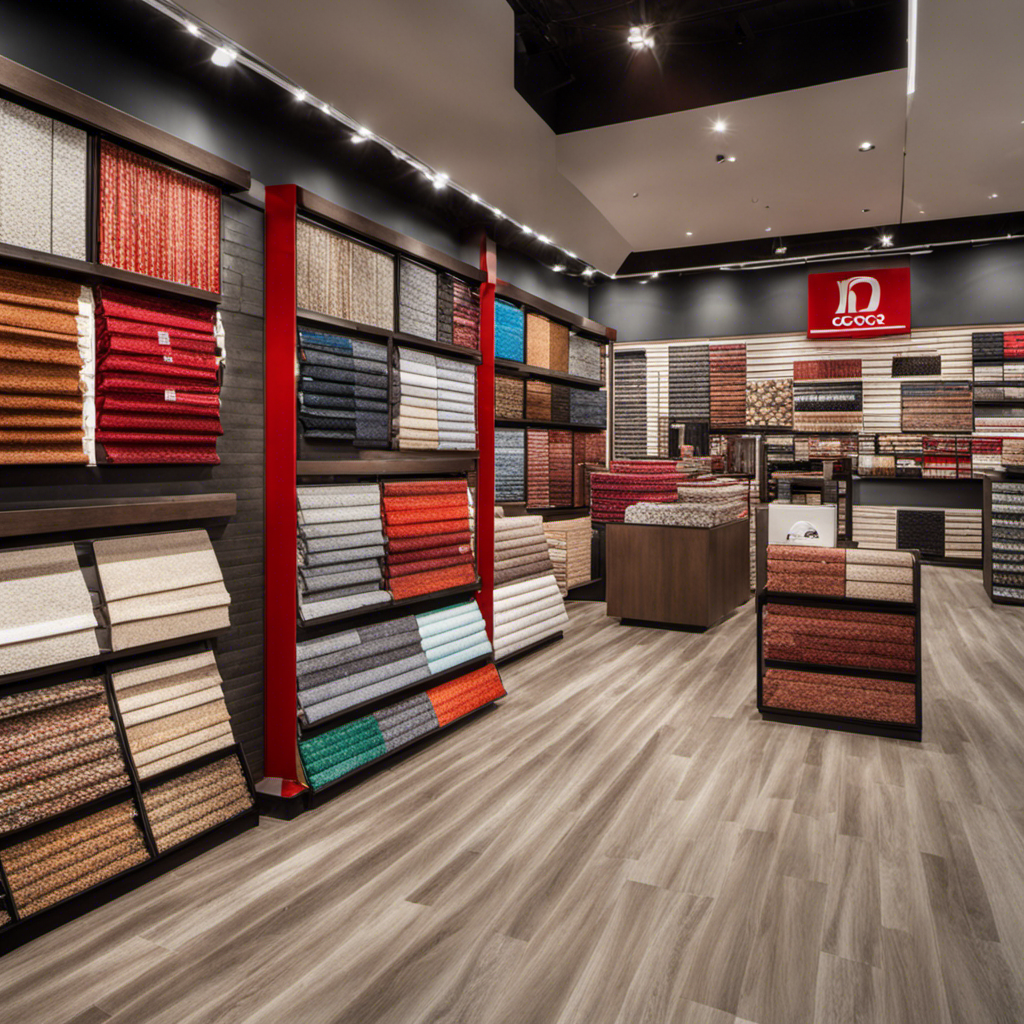 An image that showcases the unmistakable exterior of a Floor and Decor store, featuring a large, vibrant sign adorned with the company's logo, surrounded by rows of neatly arranged tiles, flooring materials, and enticing displays of home decor