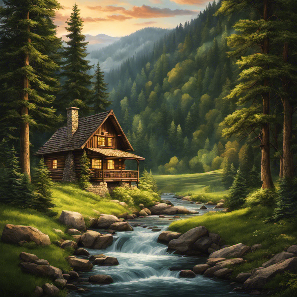 An image that showcases the serene beauty of the Black Forest, featuring towering evergreen trees enveloping a charming rustic cabin nestled in a picturesque valley, surrounded by a gentle flowing river and lush green meadows