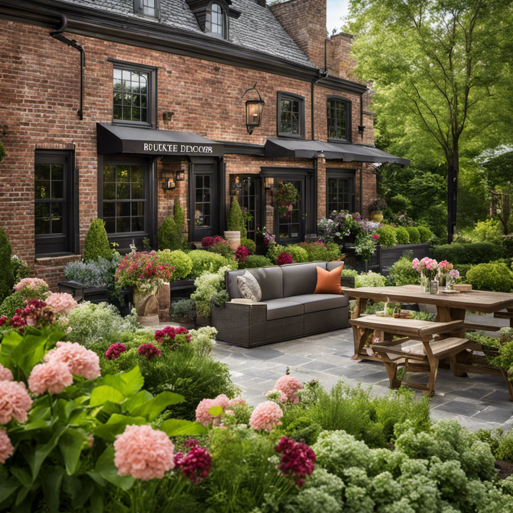 An image that showcases the geographical essence of Burke Decor's location, nestled amidst lush green hills, with a charming brick building adorned with vibrant flower boxes, exuding a cozy and inviting atmosphere