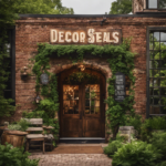 An image showcasing a rustic, charming brick building nestled amidst lush greenery, adorned with vintage-style signage bearing the name "Decor Steals