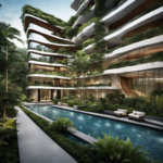 An image that showcases the sprawling modern architecture of the Floor and Decor Headquarters, nestled amidst lush greenery and surrounded by a prominent water feature, reflecting the grandeur of this corporate hub
