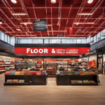 An image capturing the vibrant facade of a large store, adorned with bold signage displaying "Floor and Decor