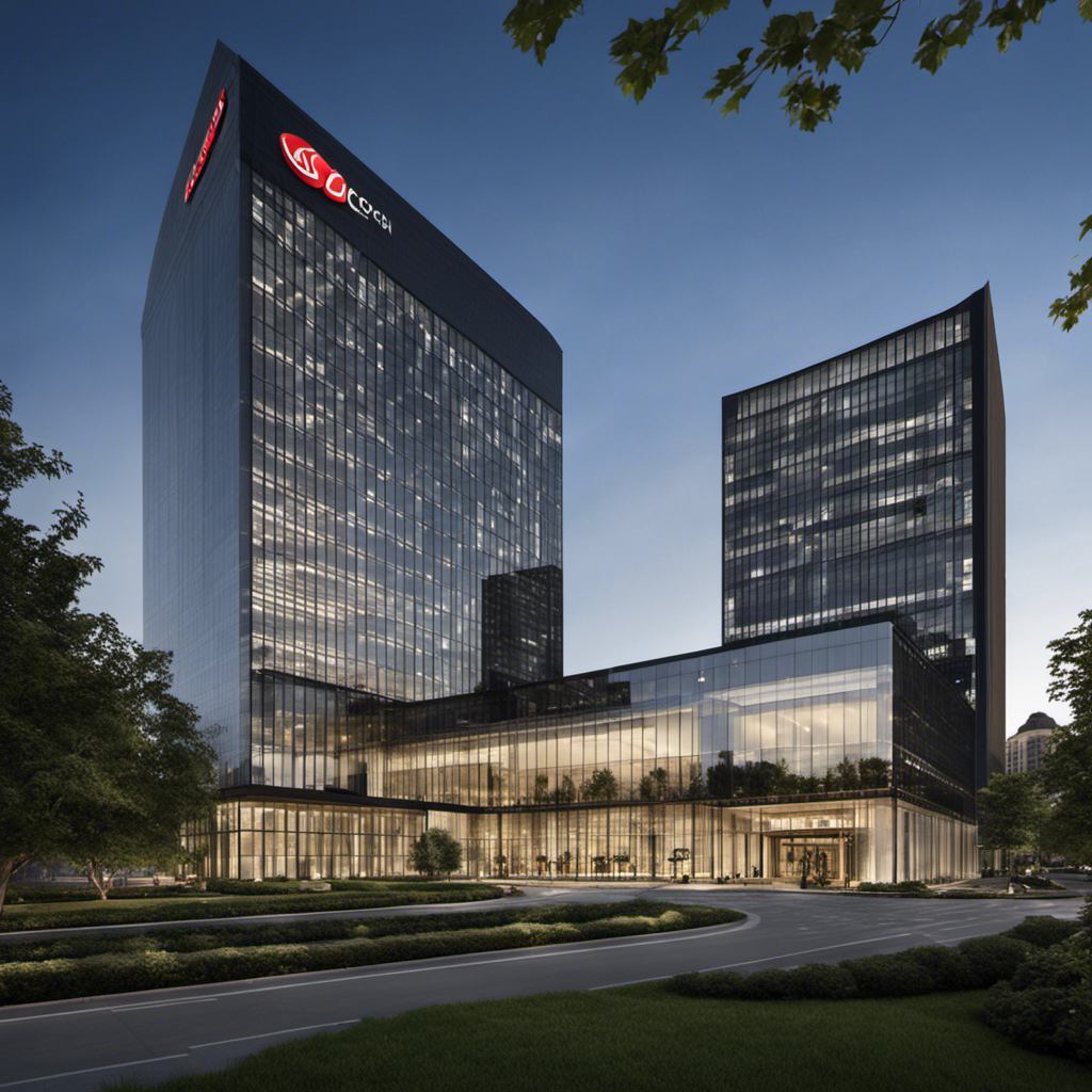 An image that showcases the modern façade of Floor and Decor's corporate headquarters, nestled amidst a bustling metropolitan setting, featuring sleek glass exteriors, a grand entrance, and the company's logo subtly integrated into the architecture