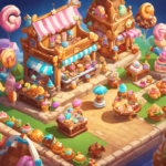An image showcasing a vibrant, bustling marketplace in Cookie Run Kingdom, with whimsical pastel-colored stalls adorned with delightful confectionery decorations, inviting visitors on a delightful treasure hunt to find the elusive Decor Shop