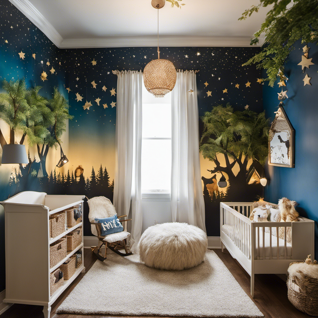 An image capturing the enchanting essence of a Where the Wild Things Are nursery, adorned with a whimsical mural of lush forest, glowing moonlight, and dreamy stars, accompanied by plush creatures peeking out from cozy corners