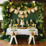 An image showcasing a whimsical Where the Wild Things Are party decor, complete with a forest-inspired backdrop adorned with lush foliage, oversized paper crowns, a boat centerpiece, and a table set with wild-inspired treats