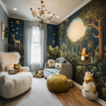 An image that captures the enchanting essence of a Where the Wild Things Are-inspired room decor, showcasing a cozy nook adorned with whimsical forest-themed wallpaper, a plush monster chair, and a dreamy starry ceiling