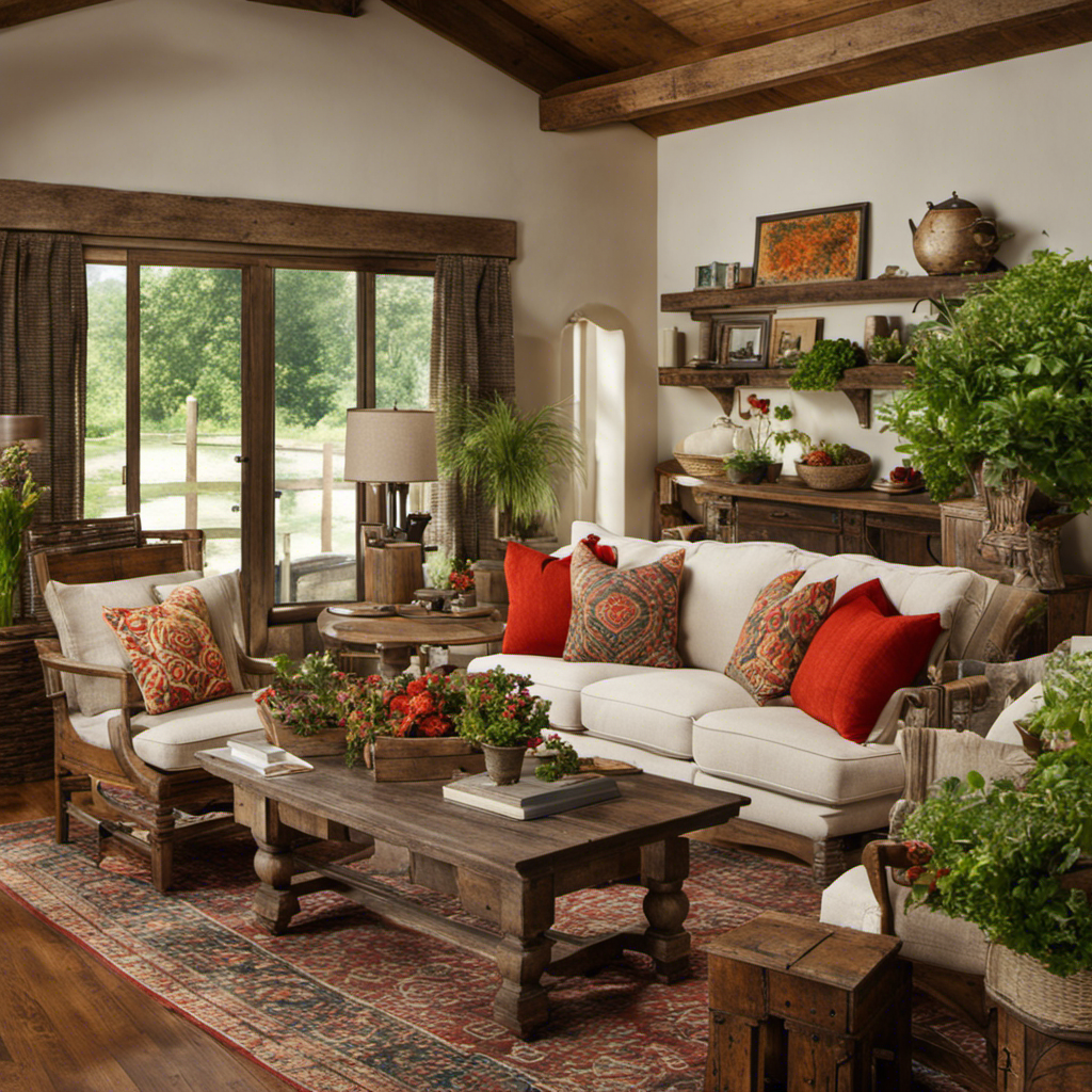 An image showcasing a charming rustic living room adorned with weathered wooden furniture and accents