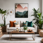 An image showcasing a cozy living room with vibrant throw pillows, stylish wall art, and a budget-friendly coffee table adorned with potted plants