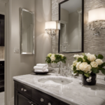 An image showcasing a well-lit bathroom with luxurious marble countertops adorned with elegant silver faucets