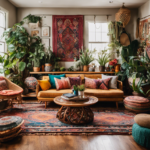 An image showcasing a whimsical bohemian living room, filled with vibrant patterned rugs, floor cushions, macrame wall hangings, and an assortment of plants, inviting readers to explore the ultimate bohemian home decor shopping guide