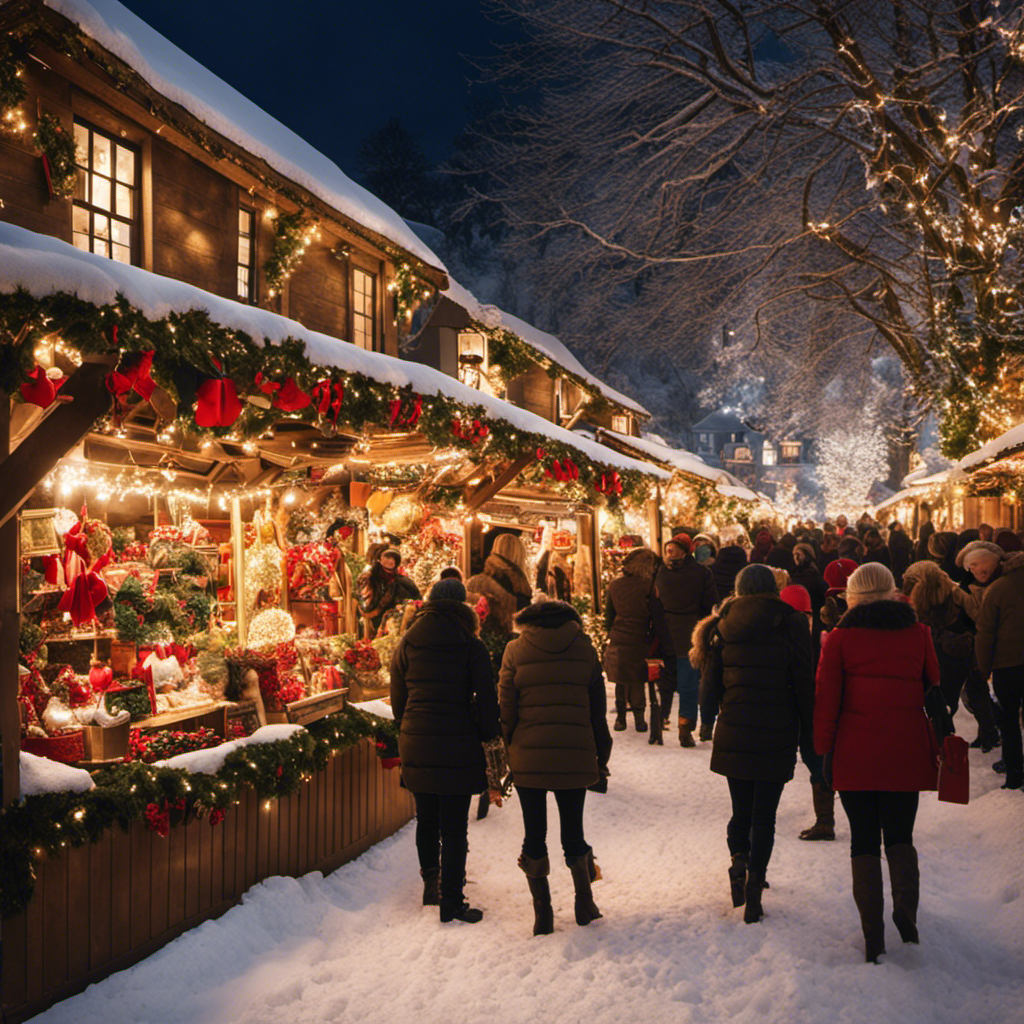 An image showcasing a charming winter wonderland with a bustling Christmas market, adorned with twinkling lights, rows of quaint stalls overflowing with garlands, ornaments, and wreaths, inviting readers to discover the best places to buy Christmas decor