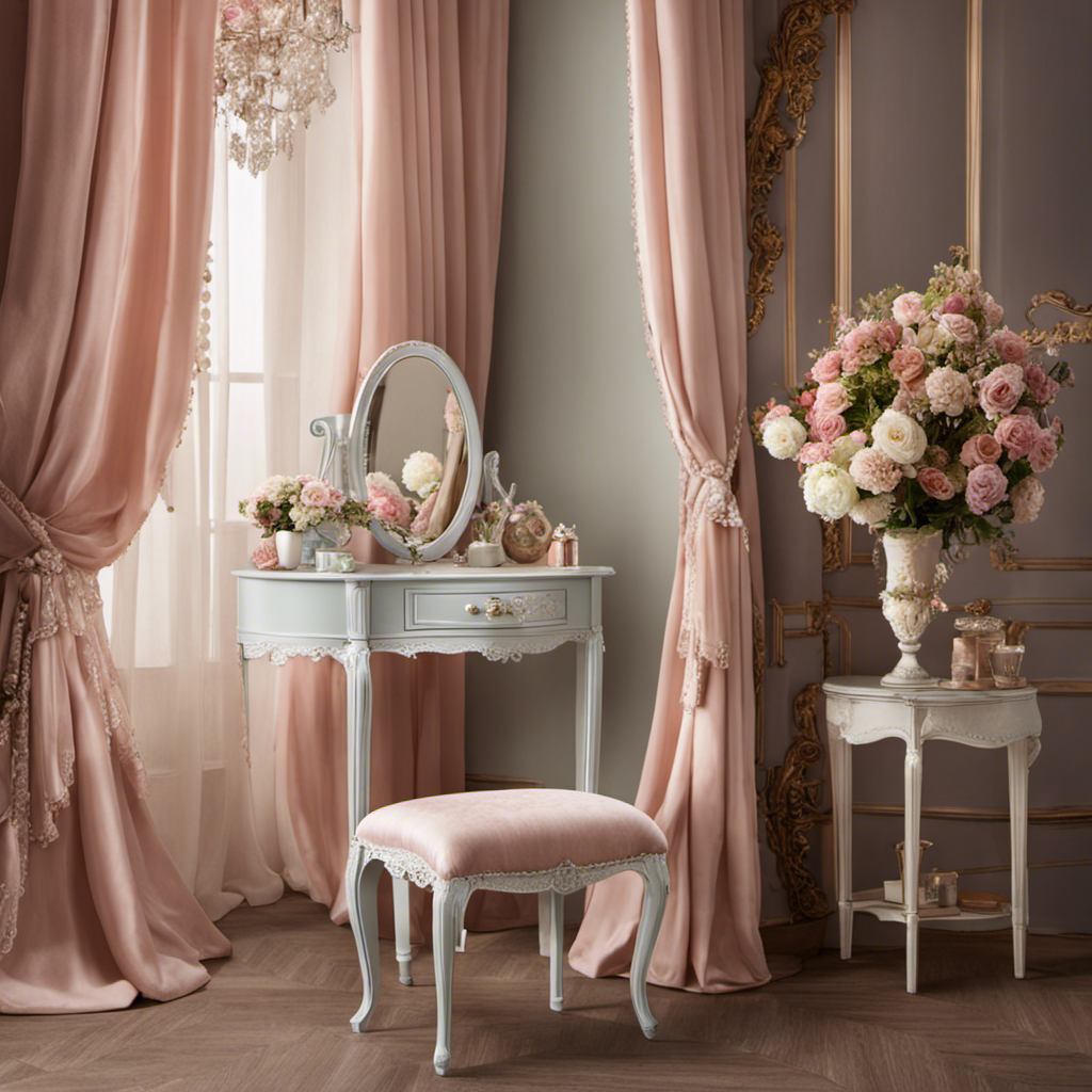 An image showcasing a cozy bedroom adorned with delicate lace curtains, a vintage vanity table adorned with pearls and a floral arrangement, and a plush, pastel-colored armchair—perfectly embodying the essence of coquette room decor