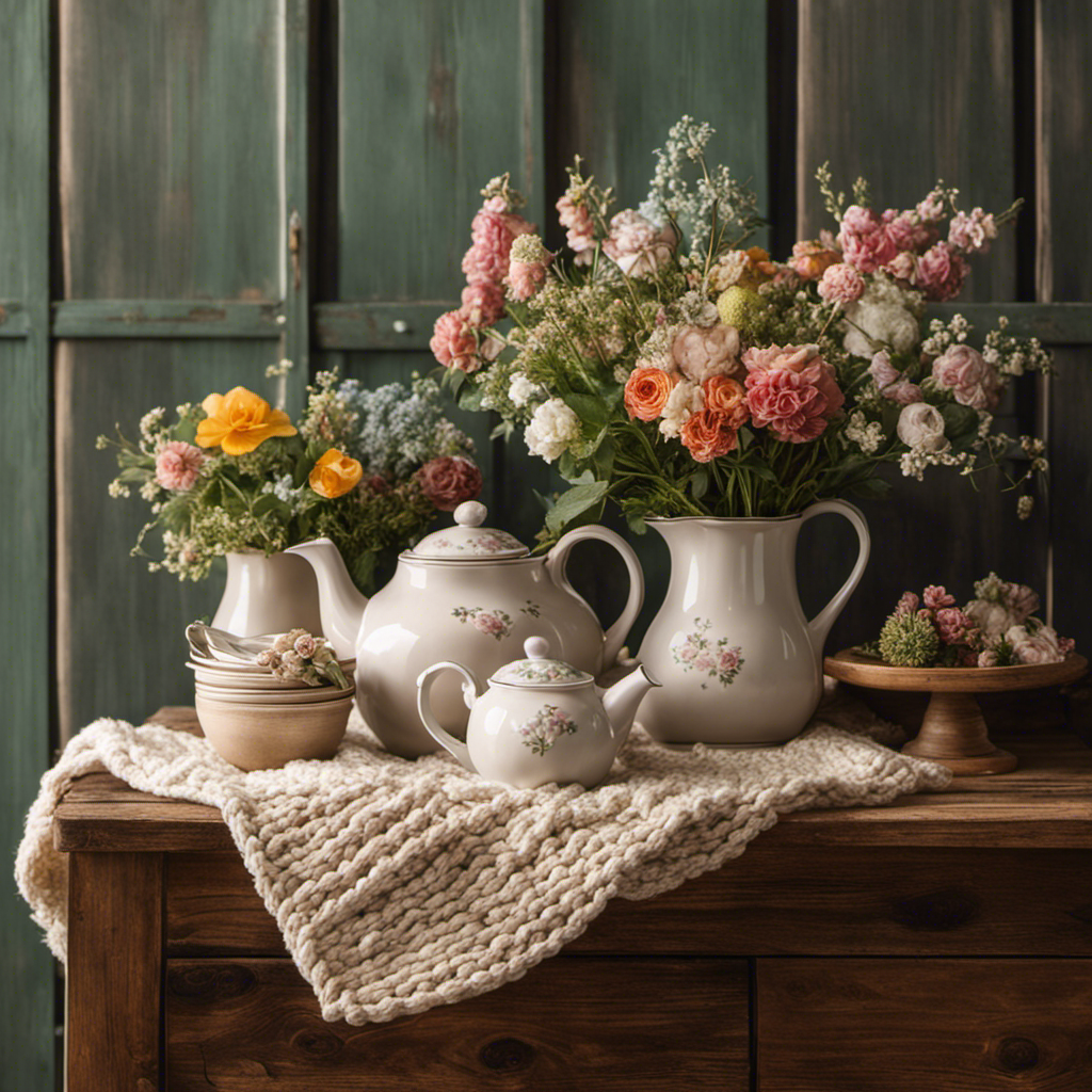 An image that captures the essence of cottagecore decor, showcasing a whimsical vintage teapot surrounded by delicate floral arrangements, cozy knitted blankets, rustic wooden furniture, and a soft color palette