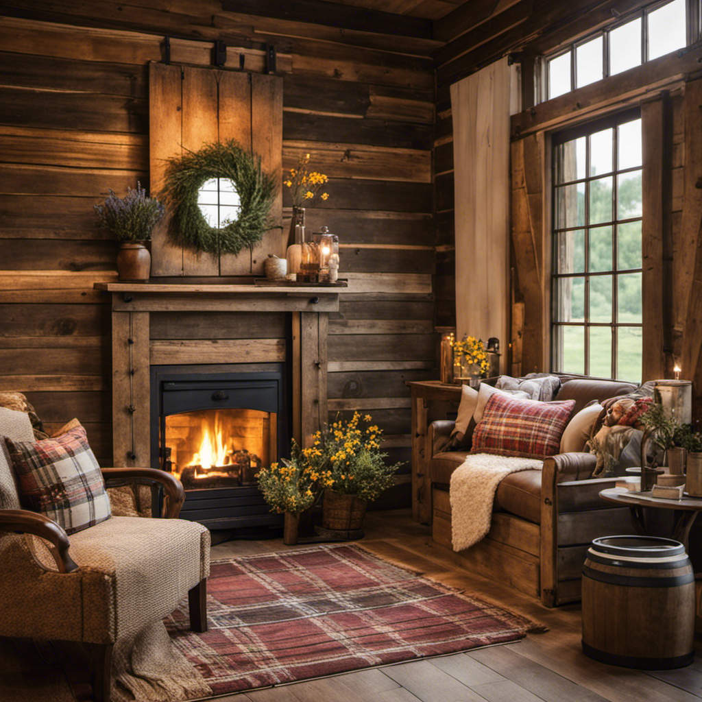 An image showcasing a cozy country living room, adorned with rustic wooden furniture, plaid patterned cushions, vintage mason jars filled with wildflowers, and a charming barn door backdrop