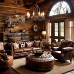 An image showcasing a rustic Western-style living room, adorned with weathered leather armchairs, a cowhide rug, horseshoe wall art, and a vintage wagon wheel chandelier, reflecting the essence of cowboy decor