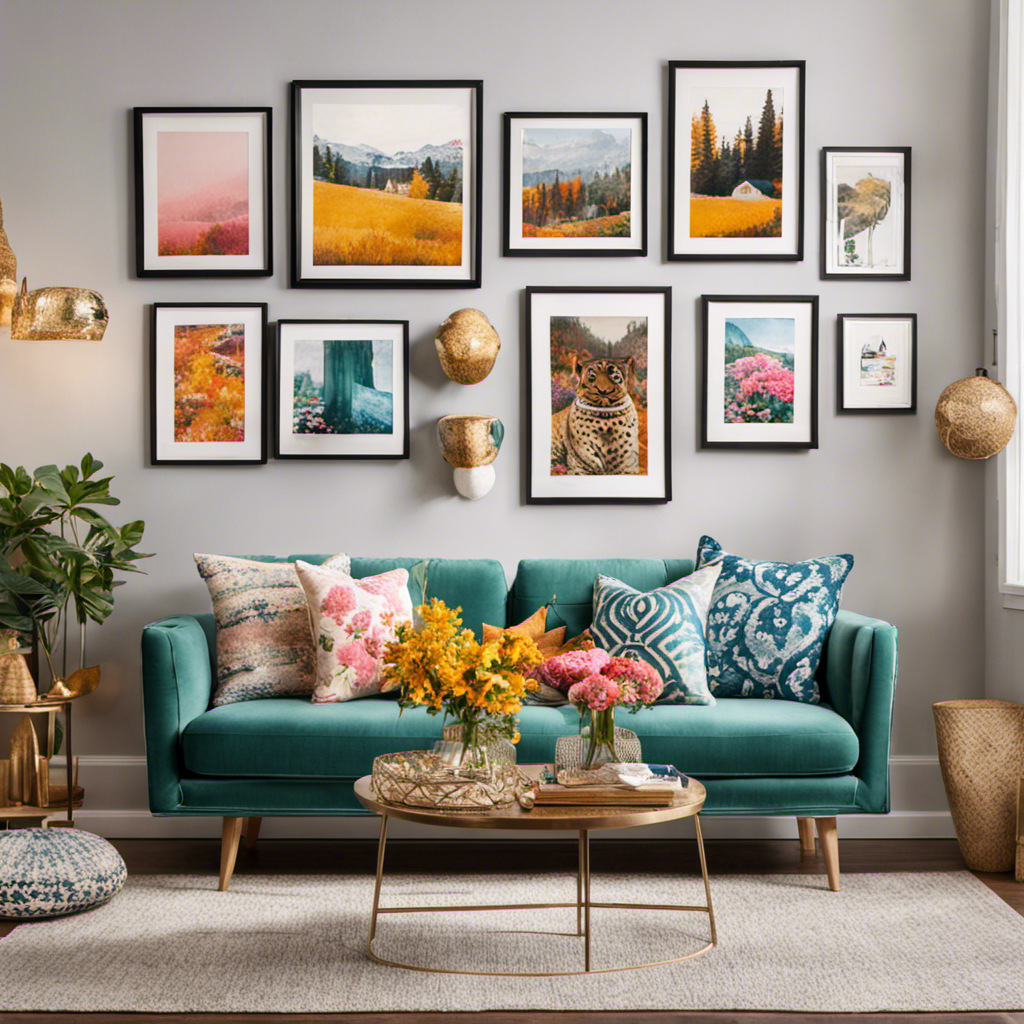 An image showcasing a cozy living room with vibrant throw pillows, a chic gallery wall adorned with whimsical prints, and a shelf displaying adorable trinkets, highlighting the perfect places to find cute home decor