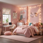 An image that showcases an inviting bedroom with vibrant, pastel-colored walls adorned with whimsical fairy lights, a cozy bed adorned with plush pillows and a fluffy throw blanket, and a trendy desk area featuring stylish decor and colorful stationery