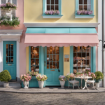 An image showcasing a quaint Scandinavian street with colorful, charming boutique shops adorned with pastel-hued decorations