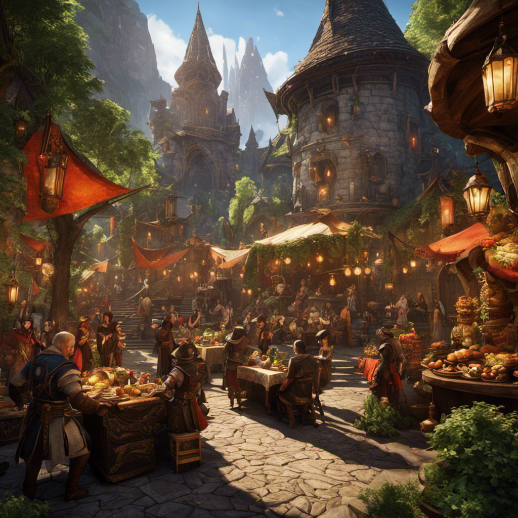 An image showcasing a richly adorned fantasy marketplace, bustling with vendors selling unique and intricate Dragon Age Inquisition decor