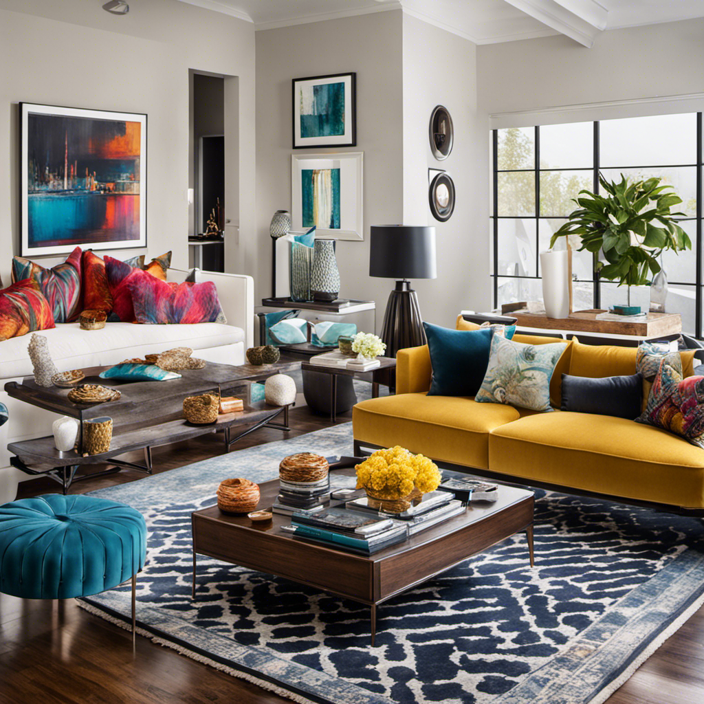 An image showcasing a contemporary living room with a variety of decor items, including unique wall art, throw pillows in vibrant patterns, a stylish floor lamp, and a sleek coffee table adorned with chic accessories