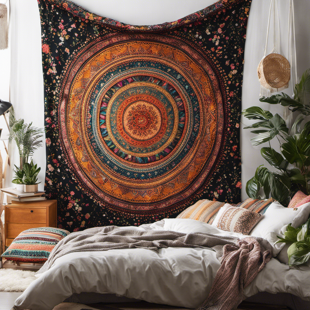 An image showcasing a vibrant and trendy dorm room, adorned with colorful tapestries, cozy throw pillows, fairy lights, and a stylish wall organizer