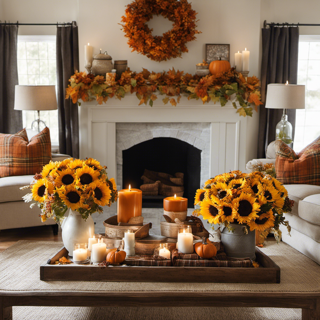 An image showcasing a cozy living room adorned with autumn-inspired decor