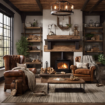 An image showcasing a rustic farmhouse-style living room, adorned with vintage furniture, distressed wooden accents, and metal industrial light fixtures