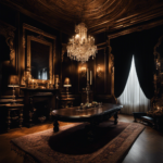 An image showcasing a dimly lit room adorned with ornate black velvet curtains, a grandiose chandelier casting eerie shadows, antique candlesticks on a Victorian mantlepiece, and a carved wooden coffin serving as a coffee table