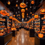 An image showcasing a vibrant Halloween store aisle, adorned with flickering orange string lights, filled with an array of eerie decorations like skeletal hands, glowing jack-o'-lanterns, and cobweb-covered witches' hats