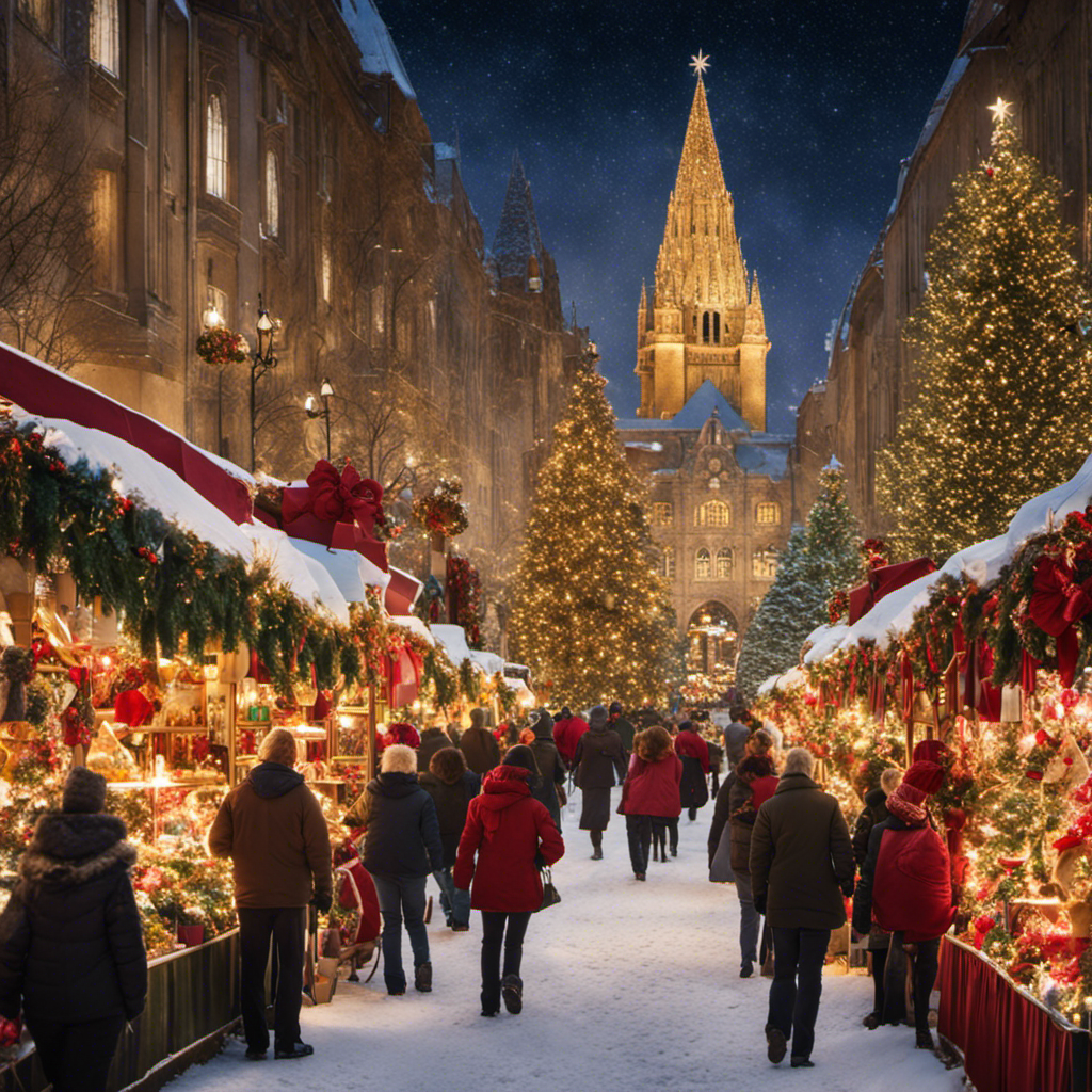 An image showcasing a bustling marketplace adorned with vibrant stalls, overflowing with twinkling lights, festive wreaths, shimmering ornaments, and glittering tinsel