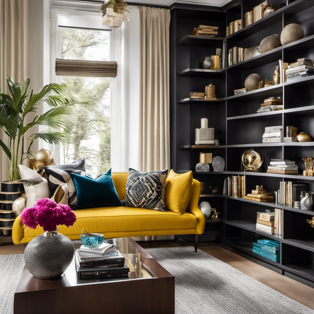 An image showcasing a stylish living room with an array of exquisite home decor boxes displayed on a sleek coffee table, complemented by vibrant throw pillows and a tastefully arranged bookshelf in the background