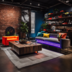 An image showcasing an urban loft with sleek, minimalist furniture adorned with vibrant, limited edition sneakers as planters, a neon-lit Supreme logo as wall art, and a coffee table stacked with streetwear magazines