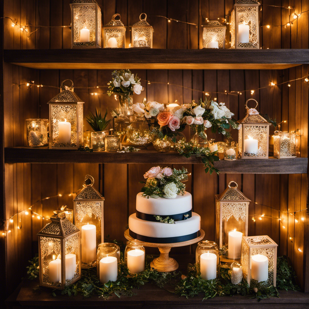 An image showcasing a vast array of vibrant and elegant wedding decorations displayed on wooden shelves, surrounded by twinkling fairy lights and adorned with delicate ribbons and lace, providing inspiration for budget-friendly wedding decor shopping