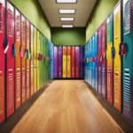 An image showcasing a vibrant, bustling school hallway lined with lockers adorned in colorful wallpapers, stylish magnets, trendy mirrors, and personalized nameplates
