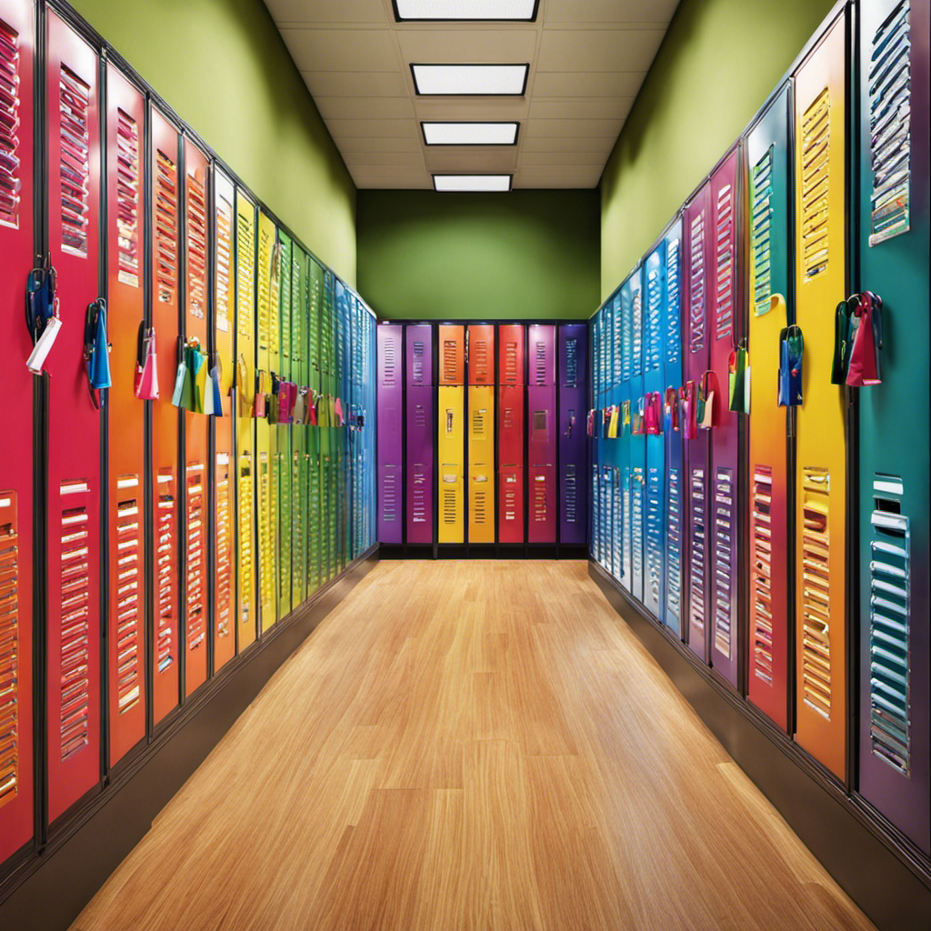 An image showcasing a vibrant, bustling school hallway lined with lockers adorned in colorful wallpapers, stylish magnets, trendy mirrors, and personalized nameplates