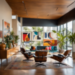 An image showcasing a spacious, sunlit showroom adorned with sleek walnut cabinets, vintage Eames lounge chairs, and vibrant abstract paintings