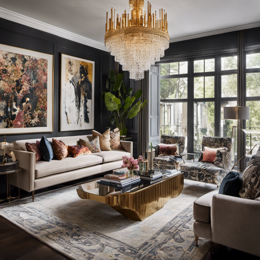 An image showcasing a modern living room filled with elegant furniture and accessories, featuring a stunning statement chandelier, plush velvet sofas, an intricately patterned rug, and a gallery wall adorned with eclectic artwork