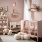 An image showcasing a cozy nursery corner with a pastel-painted wooden crib adorned with a fluffy lamb mobile, surrounded by shelves filled with adorable plush toys, vibrant wall art, and delicate curtains gently swaying in the breeze